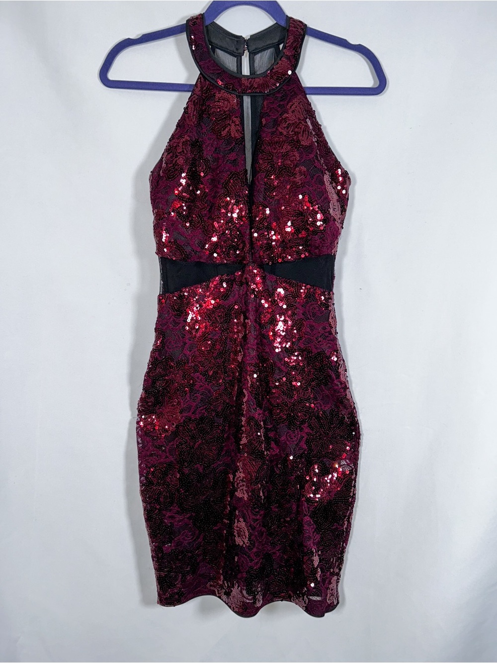 Guess Y2K Sequin Bodycon Halter Mini Dress with Mesh Cutouts